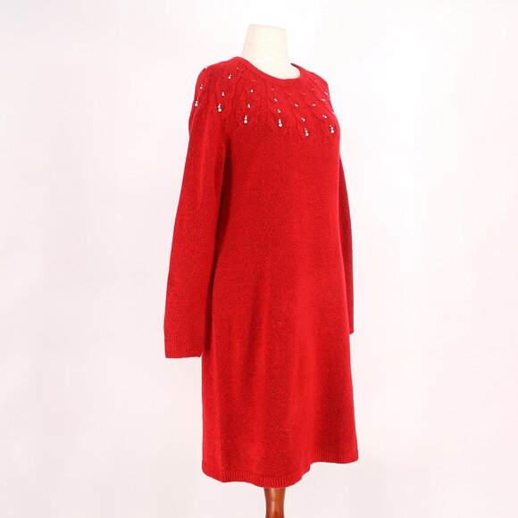 NWT TALBOTS Embellished Pearl Yoke Shift Sweater Dress Soft Knit Red Size L - Picture 3 of 9
